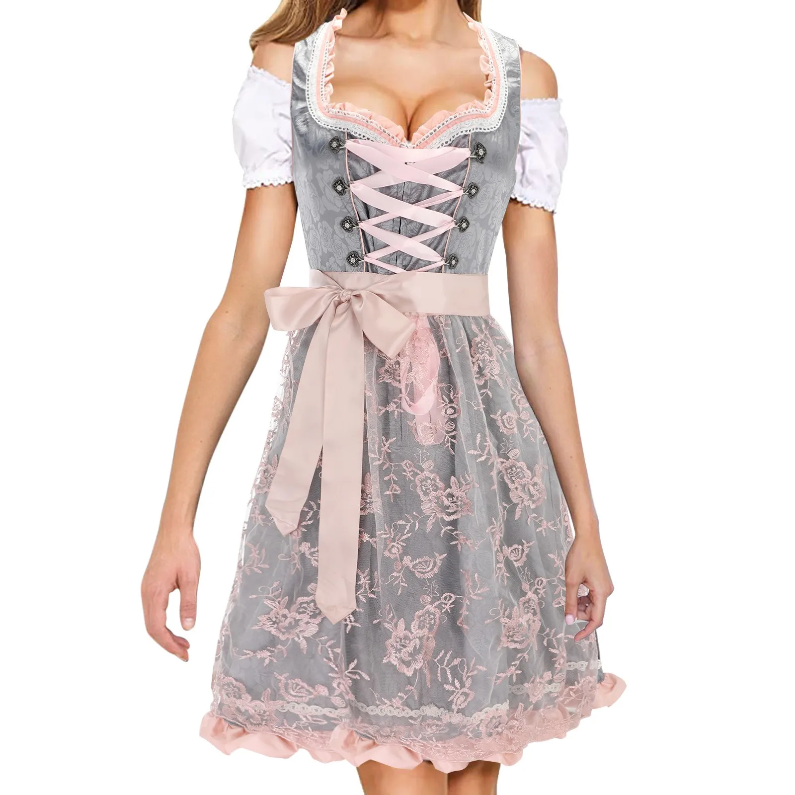 Vestido alemán de talla grande para mujer, delantal transparente con estampado Floral, cinturón con lazo y cuello cuadrado, cerveza, Oktoberfest, Cosplay de sirvienta