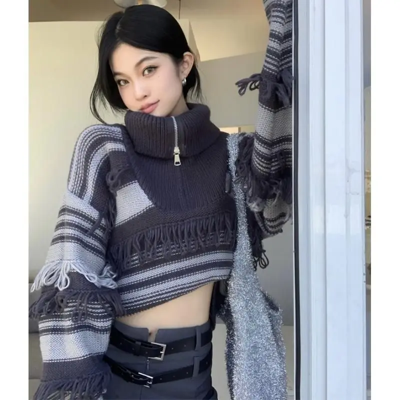 

Retro Lazy Striped Knit Sweater Turtleneck Cropped Tops Women Y2k Tassel High-end Autumn Winter Coat Knitwear Streetwear Jumper