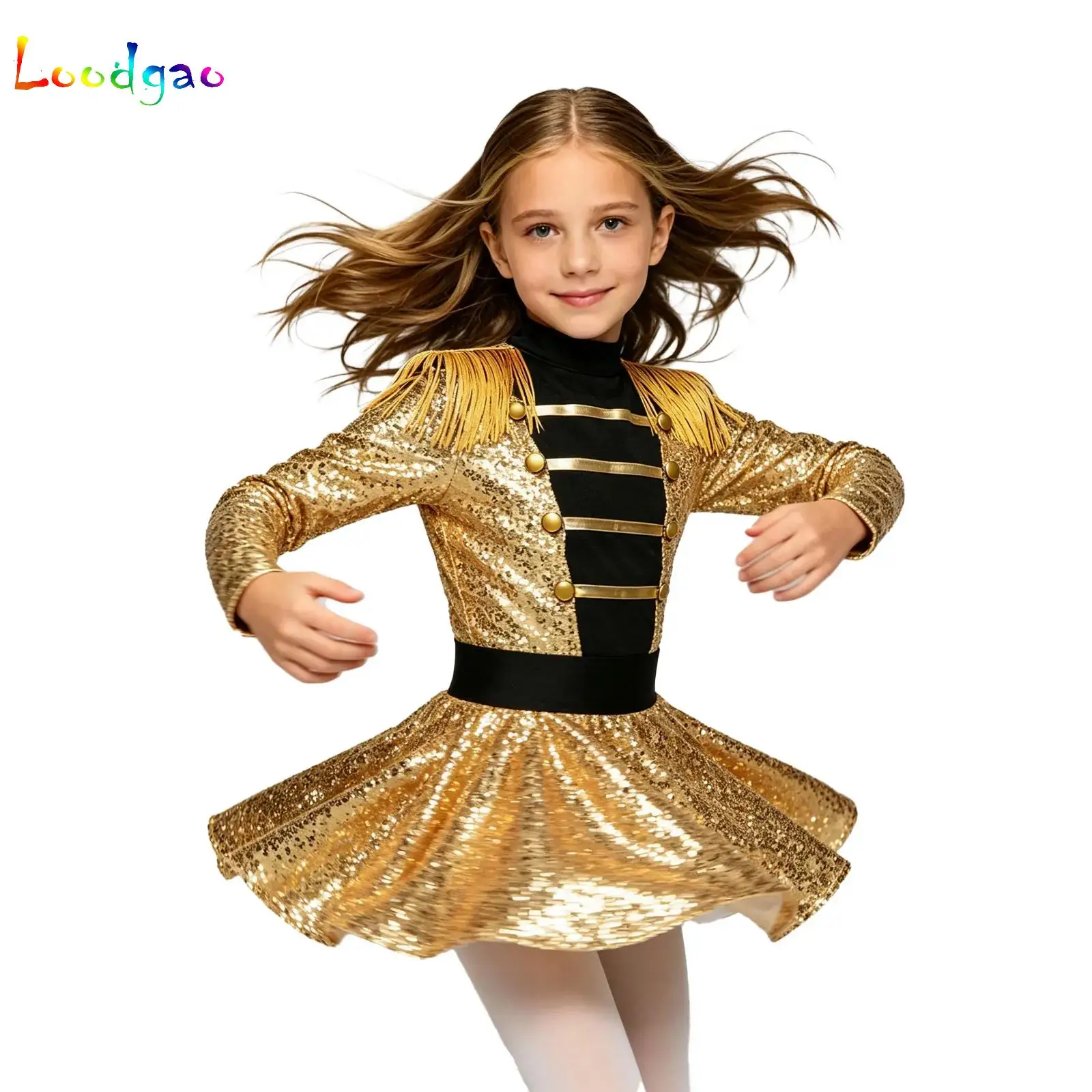 Teens Circus Ringmaster Costume Sequins Long Sleeve Fringed Shoulder Leotard Dress Halloween Carnival Party Dress Up Clothes