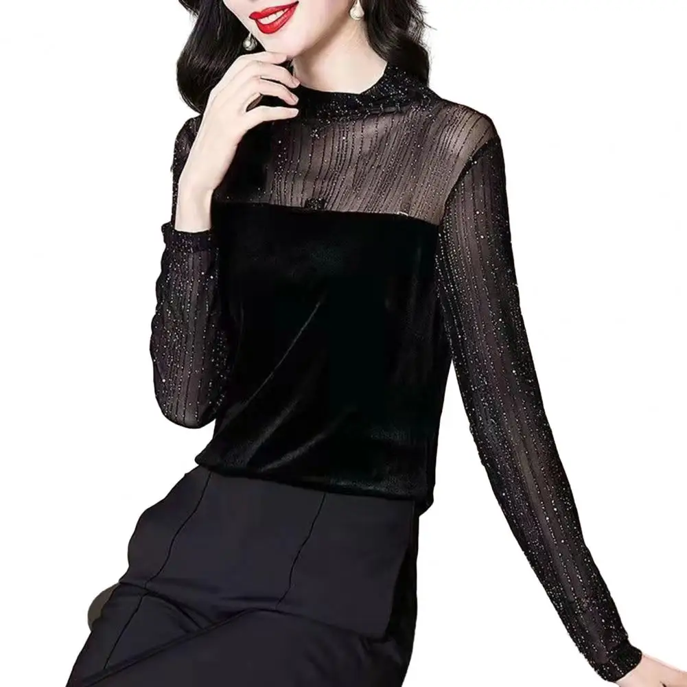 

Women Pullover Shirt Shiny Stripe See-through Lace Patchwork Long Sleeve Stand Collar Blouse Top