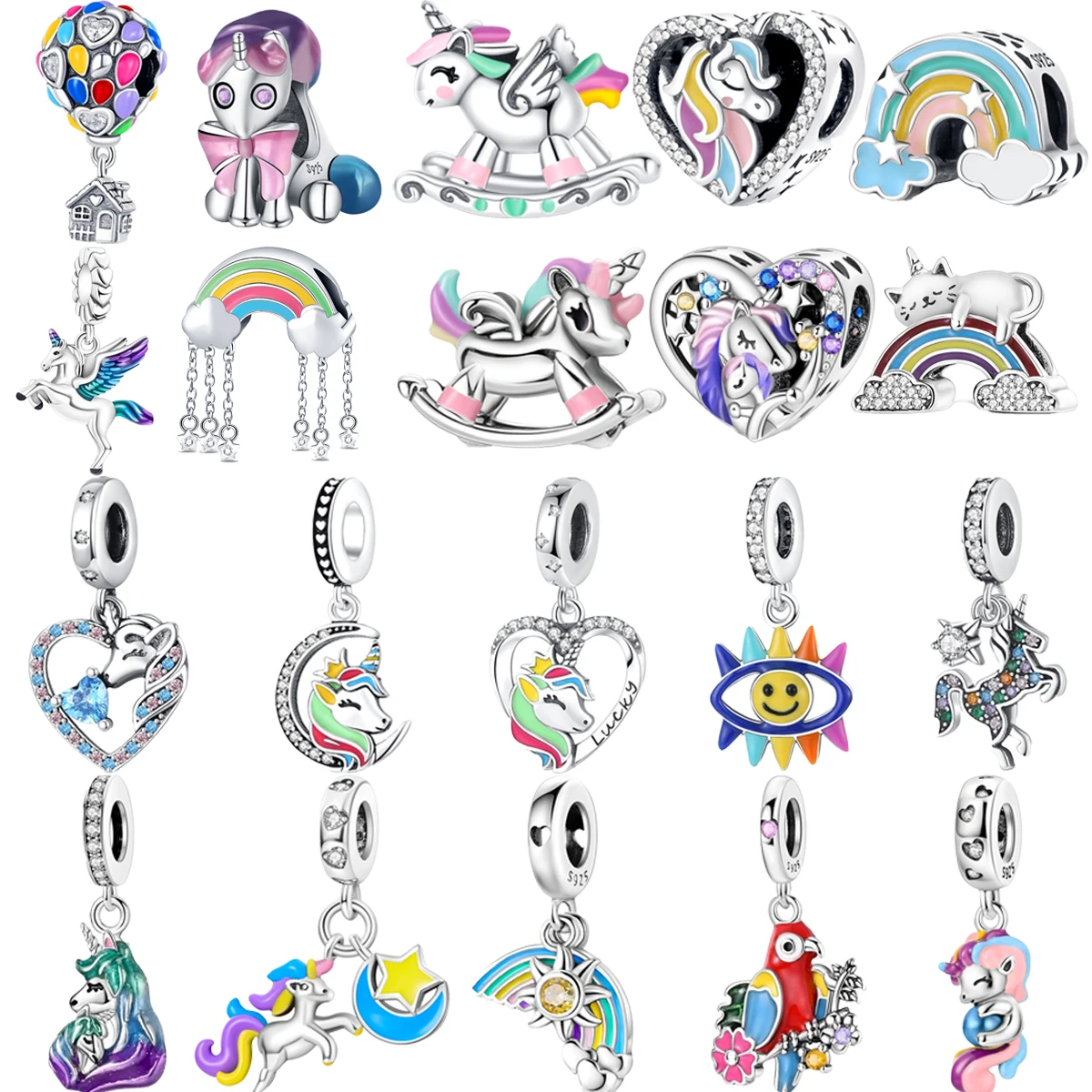 

Original 925 Sterling Silver Rainbow Unicorn Parrot Balloon Moon Charm Beads for Pandora DIY Bracelet Women's Jewelry Gifts