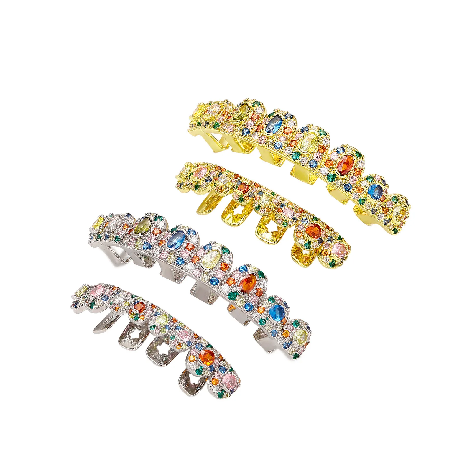 Full Set Multi Color Rainbow CZ Iced Out Grillz Copper Hip Hop Teeth Jewelry Rapper Party Daily Outfit Cosplay Decor Wholesale