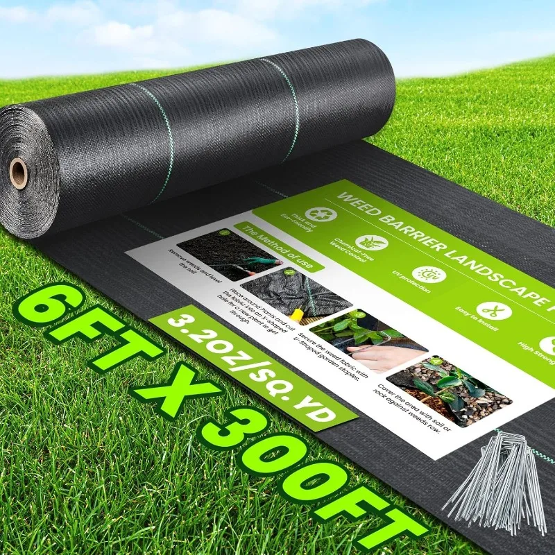 

6x300FT Weed Barrier Landscape Fabric Heavy Duty, 3.2oz Woven Geotextile Fabric, Ground Cover Weed Block Gardening Mat, Weed Con