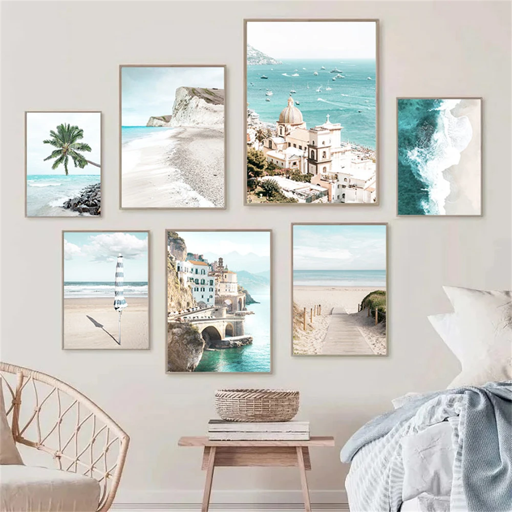 

Italy Amalfi Coast Canvas Painting Sea Beach Poster Coconut Tree Wall Art Seascape Print Nordic Wall Pictures Living Room Decor