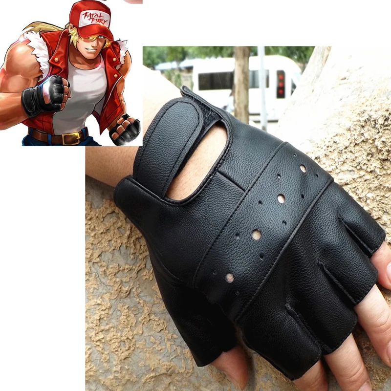 KOF King of Fighters Fatal Fury Terry Bogard Glove Black Half Finger Leather Gloves Outdoor Sports Gloves Cosplay Accessories