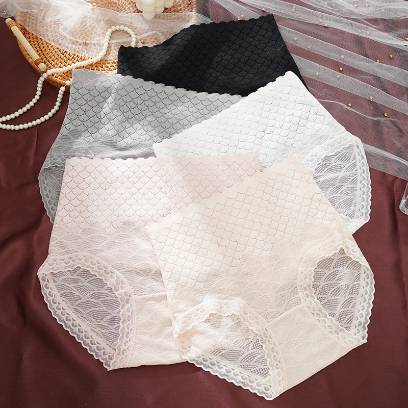 Calcinha de renda sem costura de cintura alta para mulheres grávidas, monocromática, transparente, macia, amigável à pele, respirável, sexy, roupas íntimas femininas