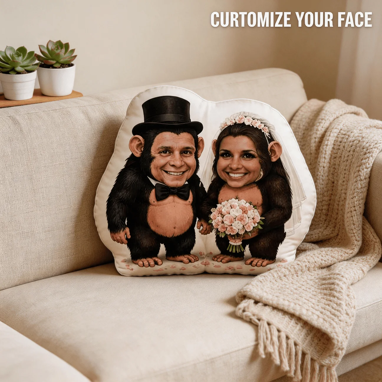 Custom Couple Photo Shaped Pillow, Funny Wedding Groom Bride Face Customization Decorative Cushion, Unique Home Decor Accent for