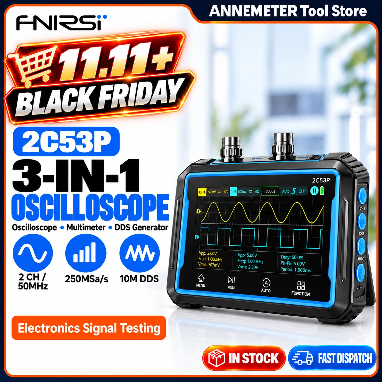FNIRSI 2C53P 3-in-1 50MHz 2 Channel Oscilloscope Multimeter DDS Signal Generator, 250MS/s Sampling, 19999 Counts Handheld