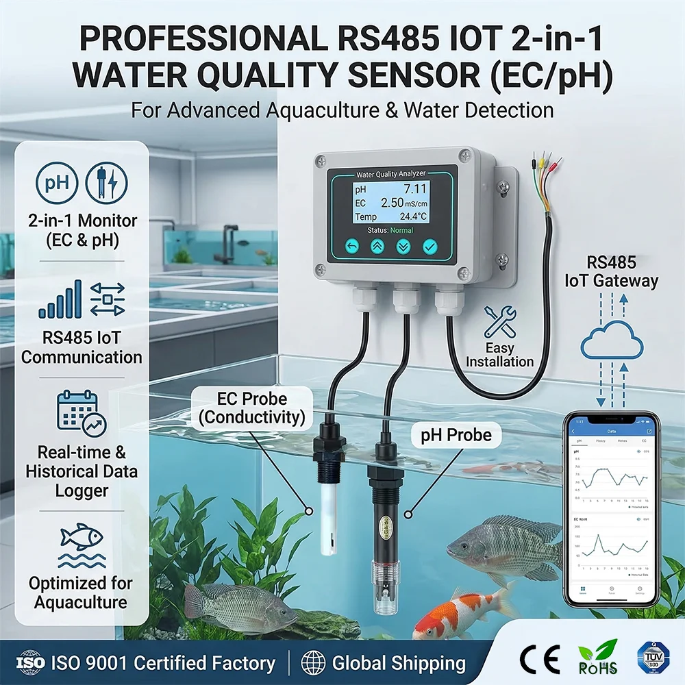 RS485 IoT 2 in 1 Water EC PH Probe Meter with Screen Data Logger Digital Test Analyzer Water Quality Detection Sensor