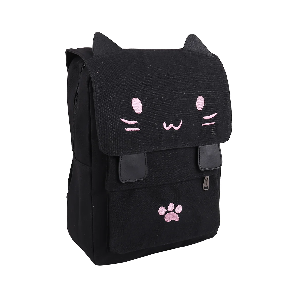 fashion Cute Cat Embroidery Canvas Student bag Cartoons Women Backpack Leisure School bag black&pink