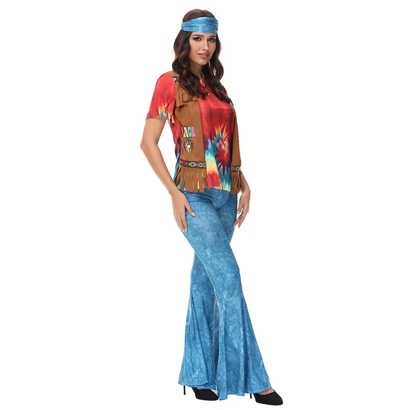 Le Cool Halloween Traje Retro de los 70s para Discoteca y Escenario, Estilo Hippie, Disfraz Indio Primitivo Aborigen