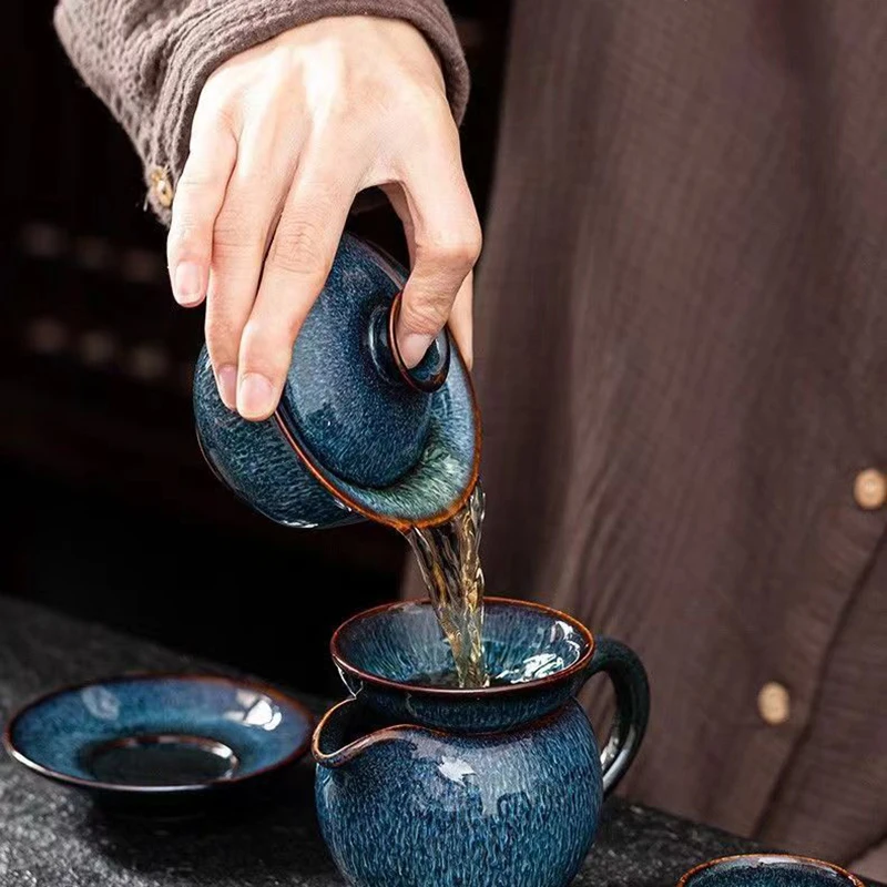 Exquisite Blue Star Glaze Gai Wan Tea Set Cover Bowl Tea Cups Chinese Soup With Lid Bowl Lotus Hand Drawing Porcelain Gaiwan Bar