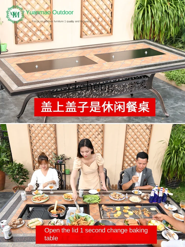 ZC Outdoor Desk-Chair Outdoor Cast Aluminum Garden Electric Baking Carbon Baking Leisure Balcony Barbecue Table and Chair