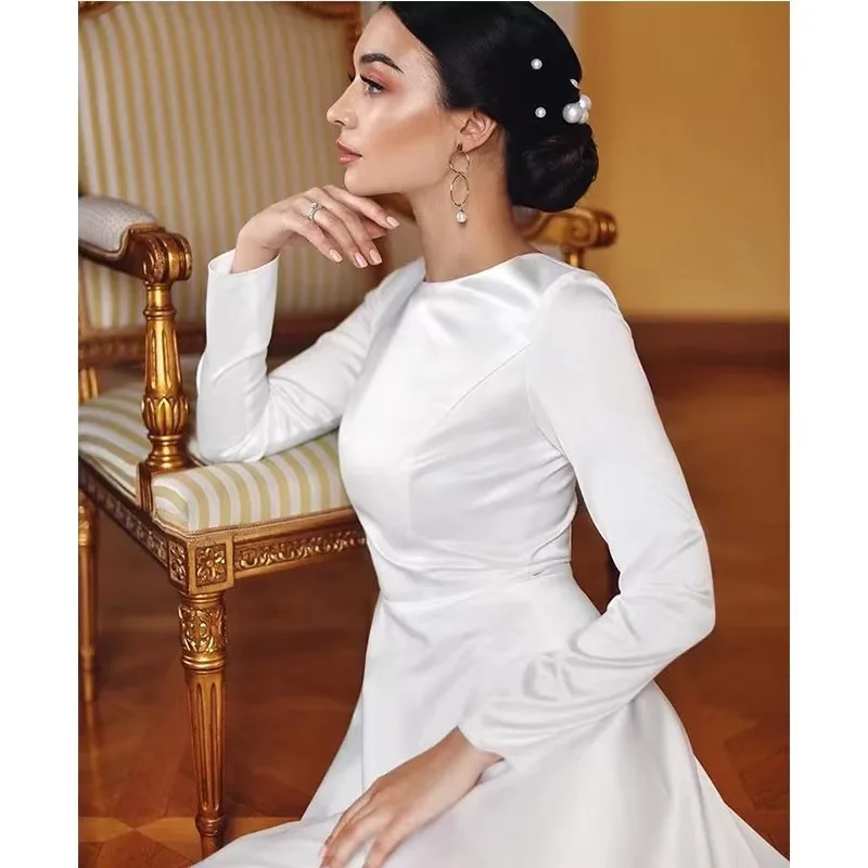 2024 new forest style long sleeve temperament slim satin bride white satin main wedding dress