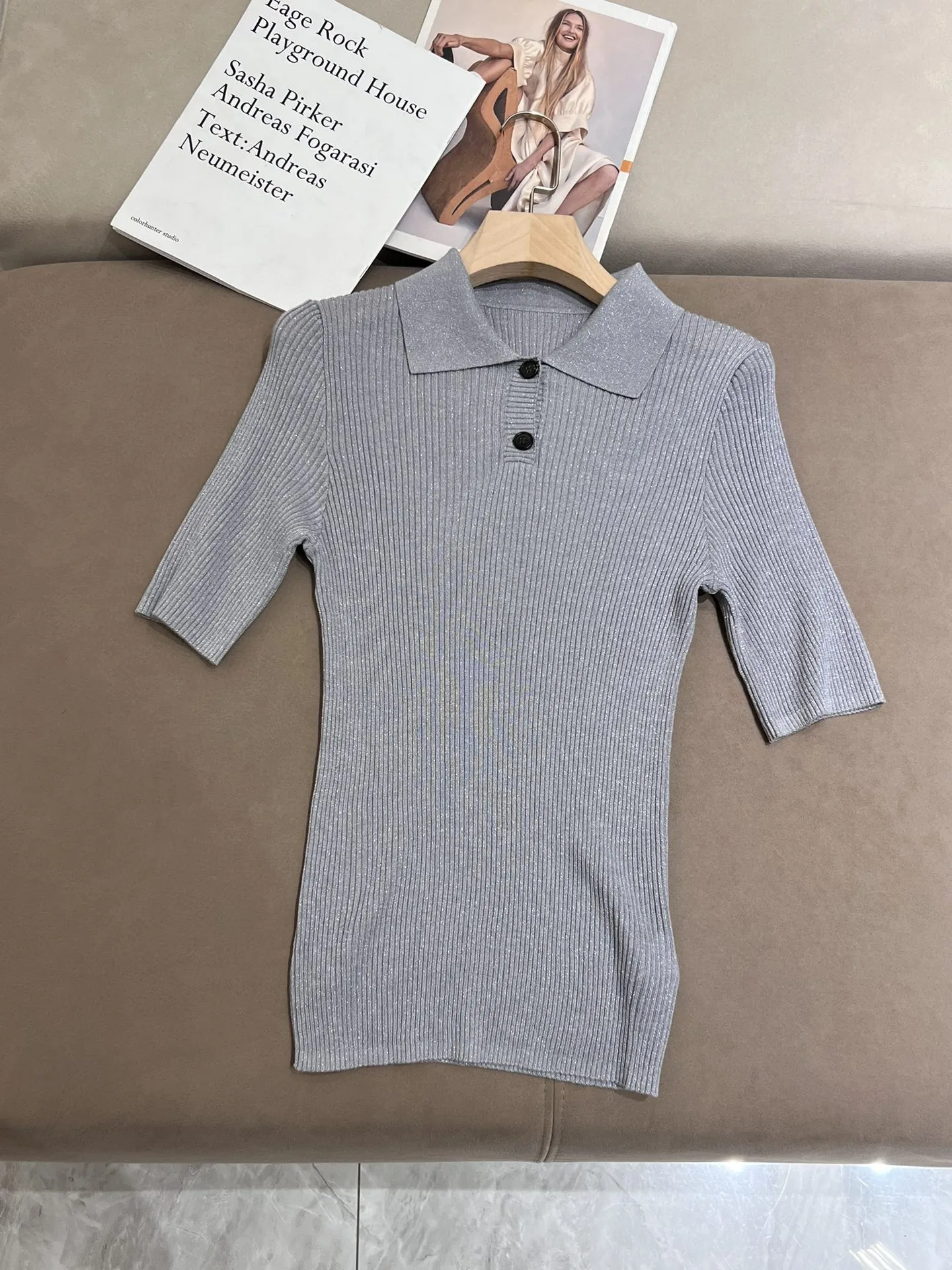 Elastic thin knitted short sleeve ribbed polo top