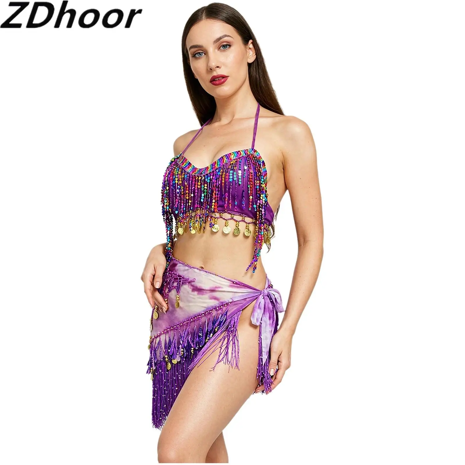 Women 2-piece Sequins Tassel Belly Dance Outfit Self-tie Padded Bra Top with Lace-up Tie-dye Hip Scarf Skirt for Performance