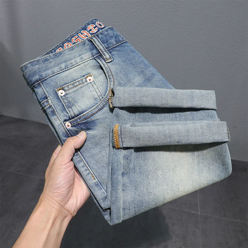 Summer Retro Denim Shorts Men's Loose Straight Stretch Fashion Trendy Casual Korean Street Distressed Cropped Pants