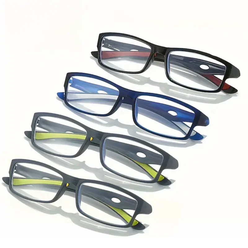 4PCS Sport Style Non-Prescription Reading Glasses Anti-Blue Light Rectangular Full Rim Eyewear, PC Frame Material