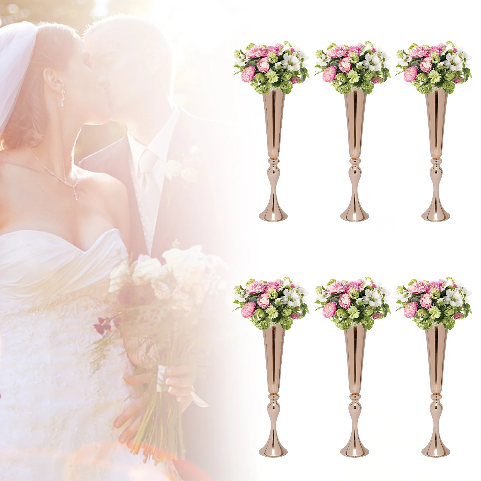 LOYALHEARTDY 6Pcs Gold Vase Table Centerpieces Metal Flower Stand Trumpet Flower Vase for Wedding Party Decorations Anniversary