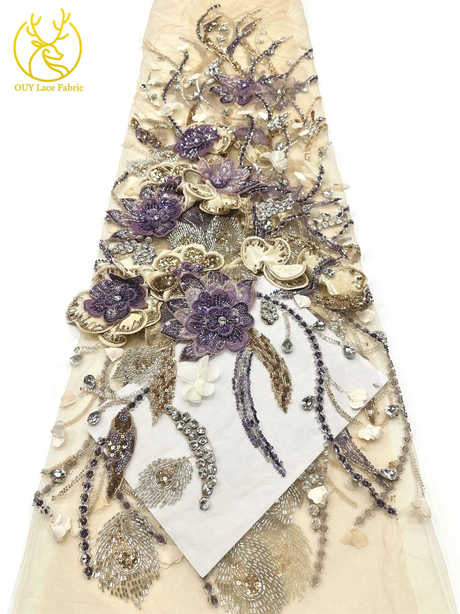 Handgefertigter Luxus Maßgeschneiderter 3D-Stickerei-Blumen-Edelstein-Spitzenstoff Afrikanischer Perlen-Pailletten-Spitzenstoff für Brautkleider – Detail 10