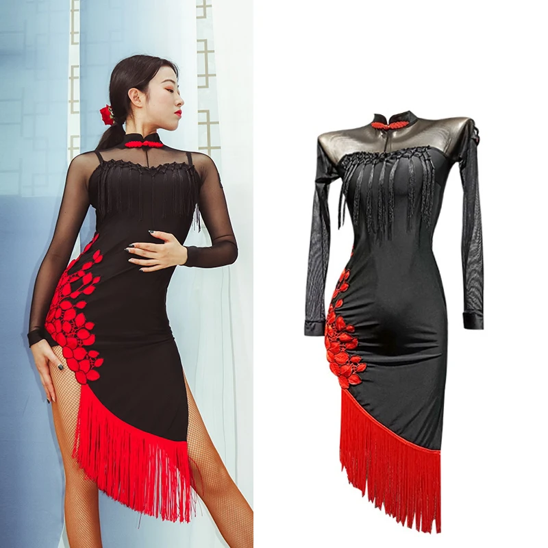 

Embroidered Tassel Dress Chinese Style Cheongsam Style Latin Dance Dress For Women Chacha Adult Latin Performance Dress DN18521