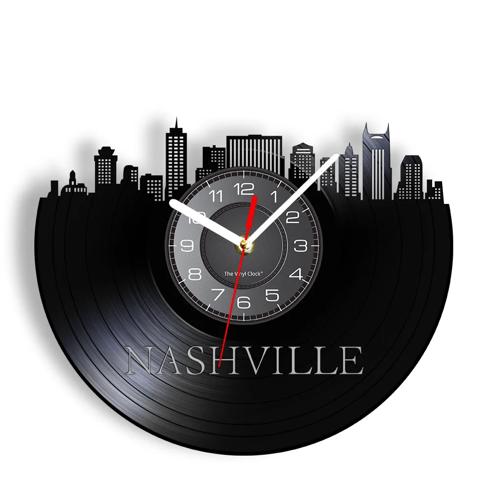 

Nashville Cityscape Gramophone Record Wall Clock Music City Tennessee City Skyline Landscape Vinyl CD Disc Wall Watch Modern Art