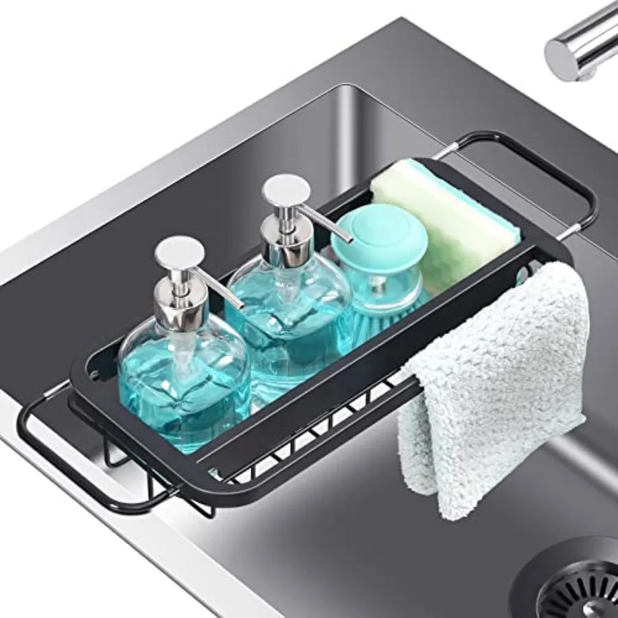 

Expandable Sink Caddy with Dish Towel Bar, Adjustable Over-The-Sink Organizer for Kitchen, Rustproof Sponge Holder and Drying R