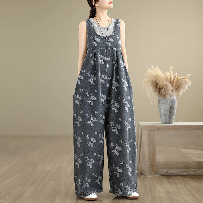 

Новые летние свободные джинсовые комбинезоны с винтажным принтом больших размеров, модные брюки-фонарики, тонкие джинсовые длинные брюки с высокой талией цвета озера