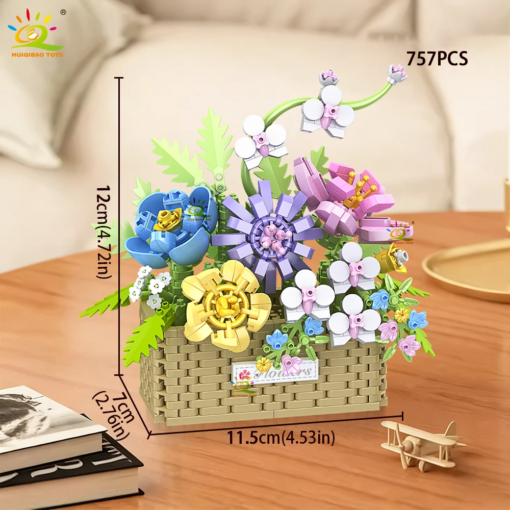HUIQIBAO MOC Rosen-Sonnenblumen-Blumentopf Mikro-Baustein-Set DIY Blumenstrauß-Korb Mini-Diamant-Bausteine Kinderspielzeug Schreibtisch-Deko – Detail 6
