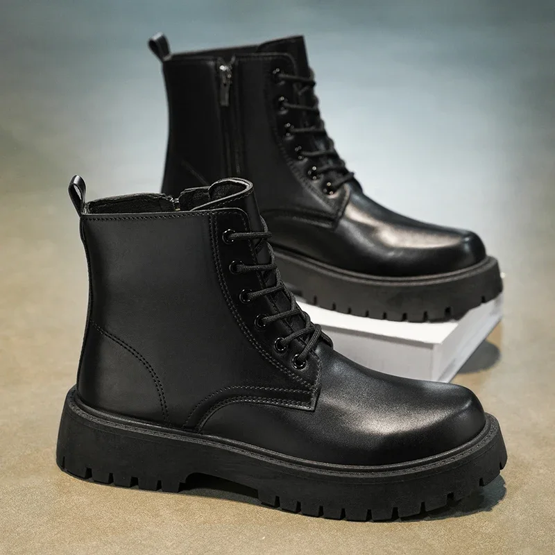 Men Fashion High Top Motorcycle Boots Comfy Casual Black Punk Leather Boots Lightweight Antiskid Thick Bottom Boots
