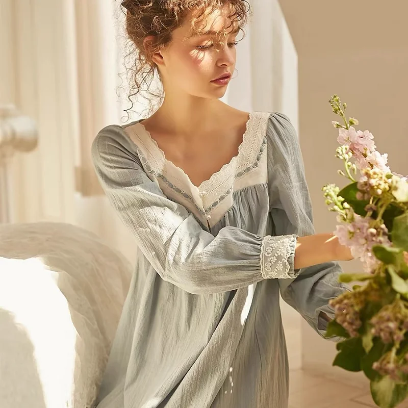 Vintage 100% coton pyjama princesse pour les femmes à manches longues élégant gris bleu longues chemises de nuit grande taille robe de maison ample