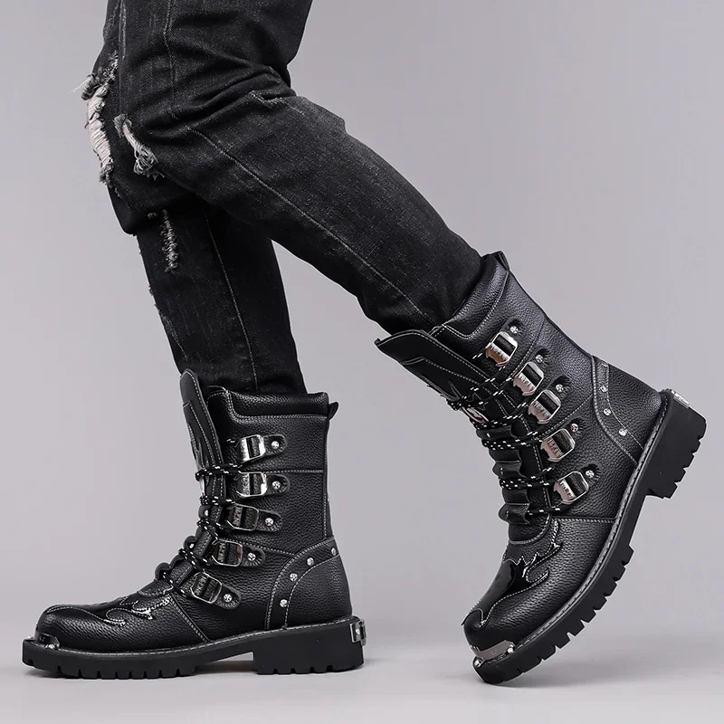 Cycling Boots Four Seasons Men's Outdoor Motorcycle Boots Plus Size High Top Casual Leather Boots Fashion British Anti Slip Boot