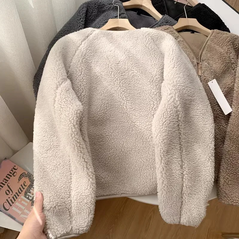 Vrouwen Nieuwe Zachte Shearling V-hals Rits Fleece Korte Jas Herfst Winterjassen voor Vrouwen Luxe Merk Lange mouwen Top kleding