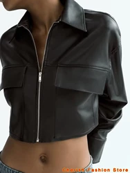 2024 Woman Fashion Faux Leather Short Shirt Casual Slim Long Sleeve Double Pockets Zipper Front Jackets PU Leather Coat