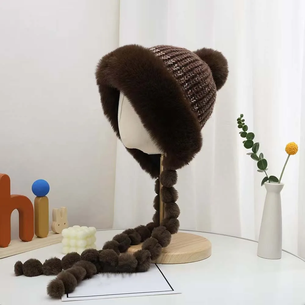 Fleece Lined Pompom Braids Hat Fur Brim Striped Knit Fur Trim Trapper Soft Yarn Thermal Earflap Winter Cap Ladies