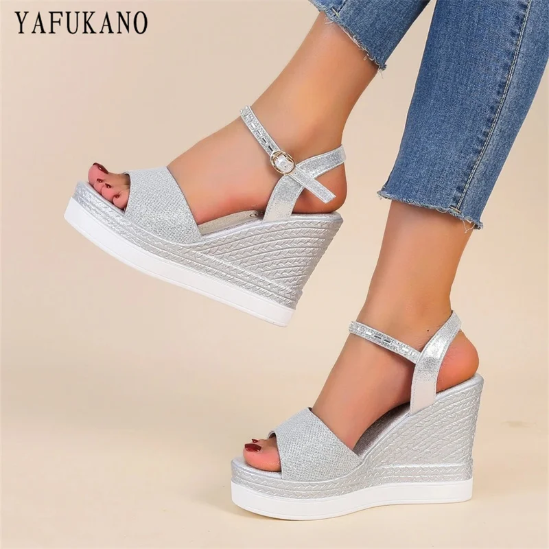Glitter Ankle Strap Wedge Sandals Silver Party Wedding Shoes Fashion Platform High Heels Open Toe Women Pumps Small Size 33