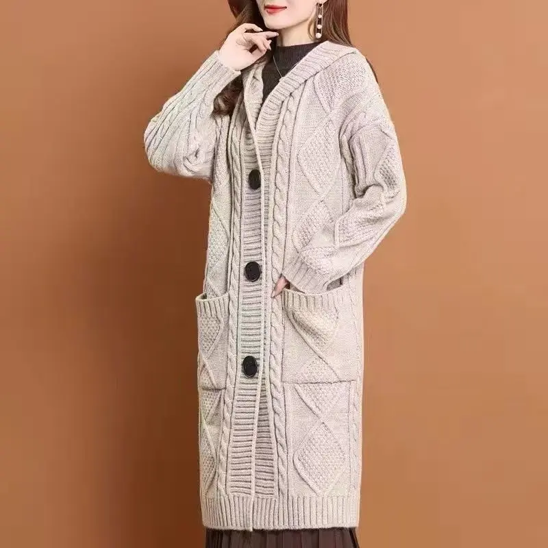 

2024 Spring Autumn Women New Twist Sweater Jackets Female Long Cardigan Coats Ladies Pockets Hooded Knitted Overcoats W371