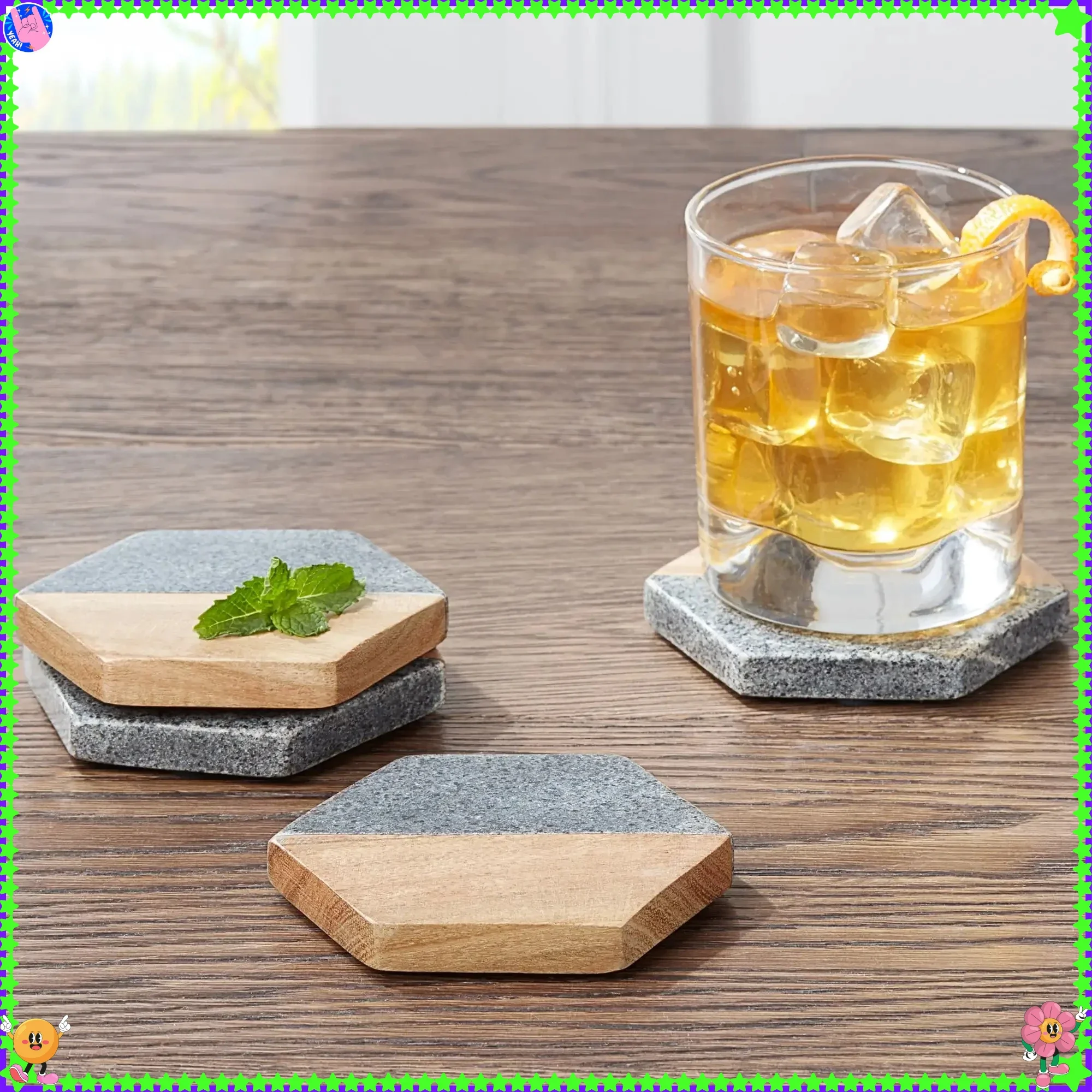 Omkeerbare onderzetters van houtsteen, hittebestendige pads voor bar-desktopdecoratie, beschermende onderzetterset voor thuis en op kantoor