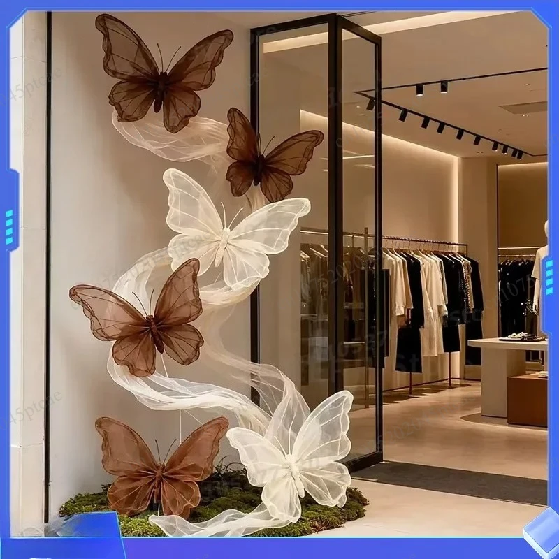 Window Display Brown Beige Art Gallery Event Venue Decor Luxury Giant Organza Butterfly Decoration for Retail Storefront