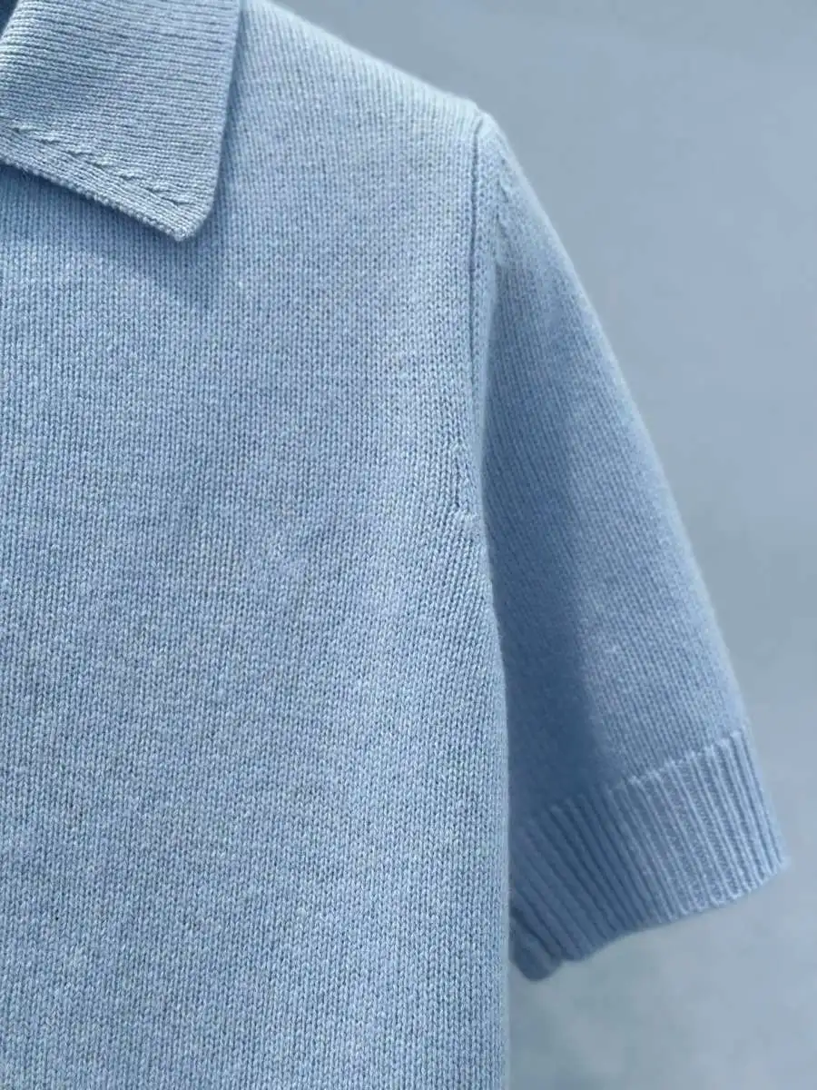 Embroidered Wool Sweater, Short Sleeve, Blue Collar, Classic Sweater, New Collection, 2024 Autumn and Winter