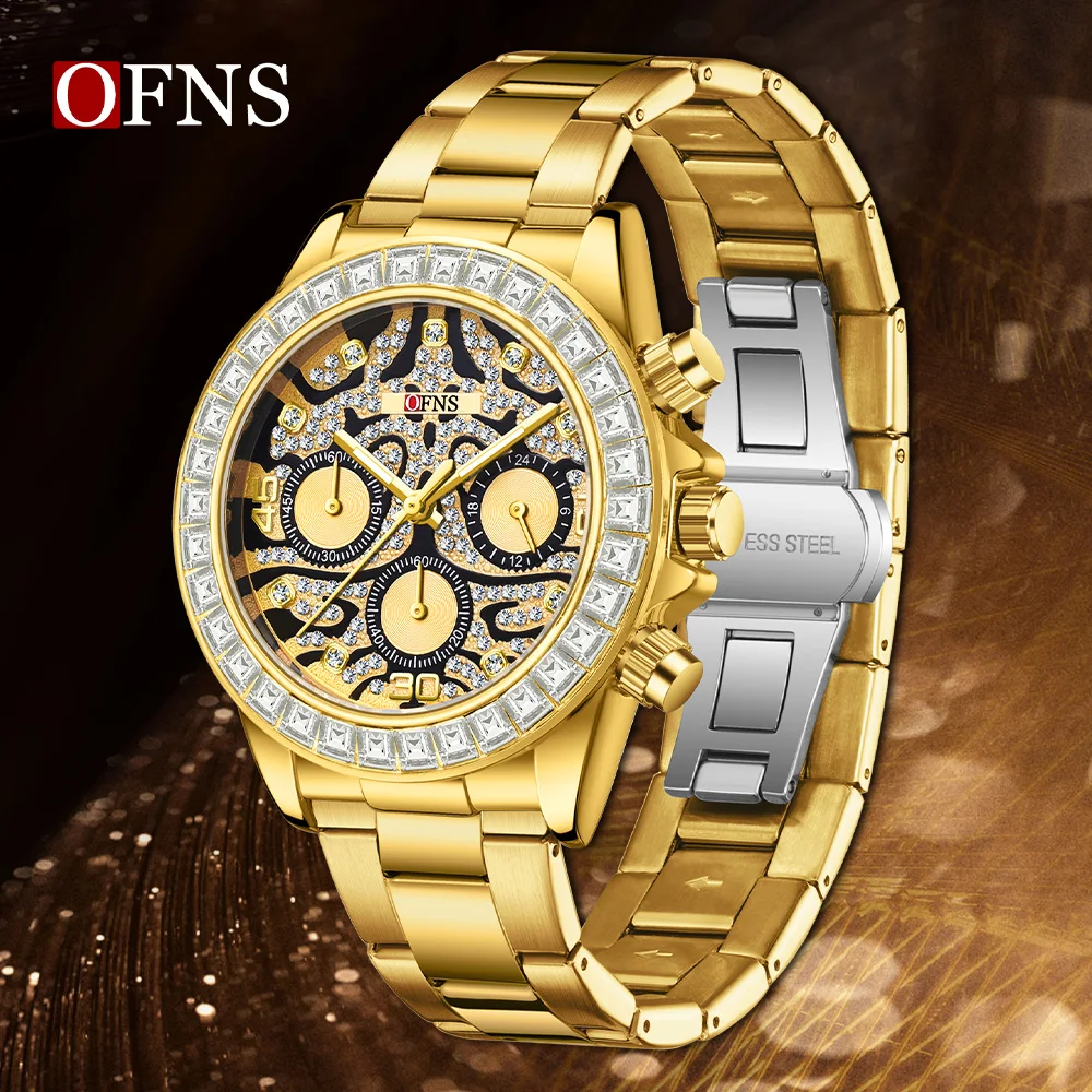 OFNS 7111 Fashion Trendy Men's Three Eye Six Pin Quartz Watch Tiger Pattern Waterproof Night Light Men's Quartz Watch