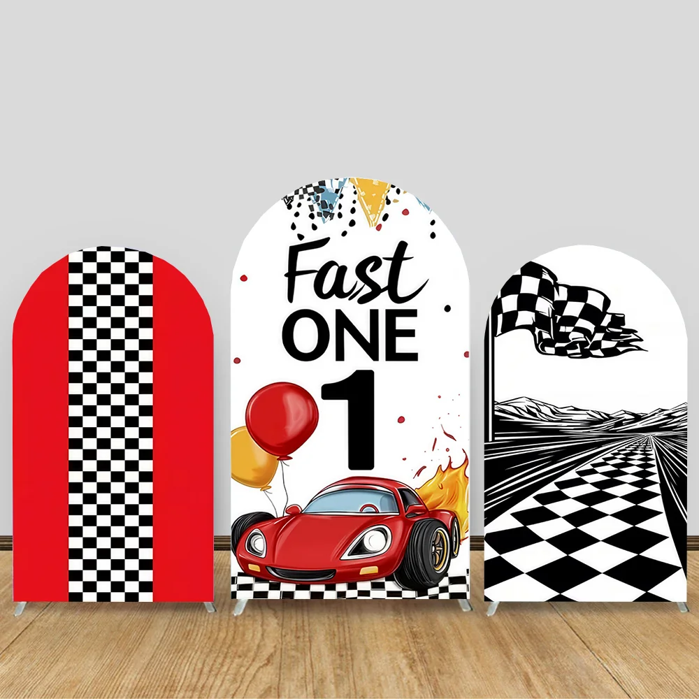 

Custom 2-Sided Race Car Racing Fast One Chiara Arch Wall Backdrop Cover Kids 1st Birthday Party Baby Shower Decor Background