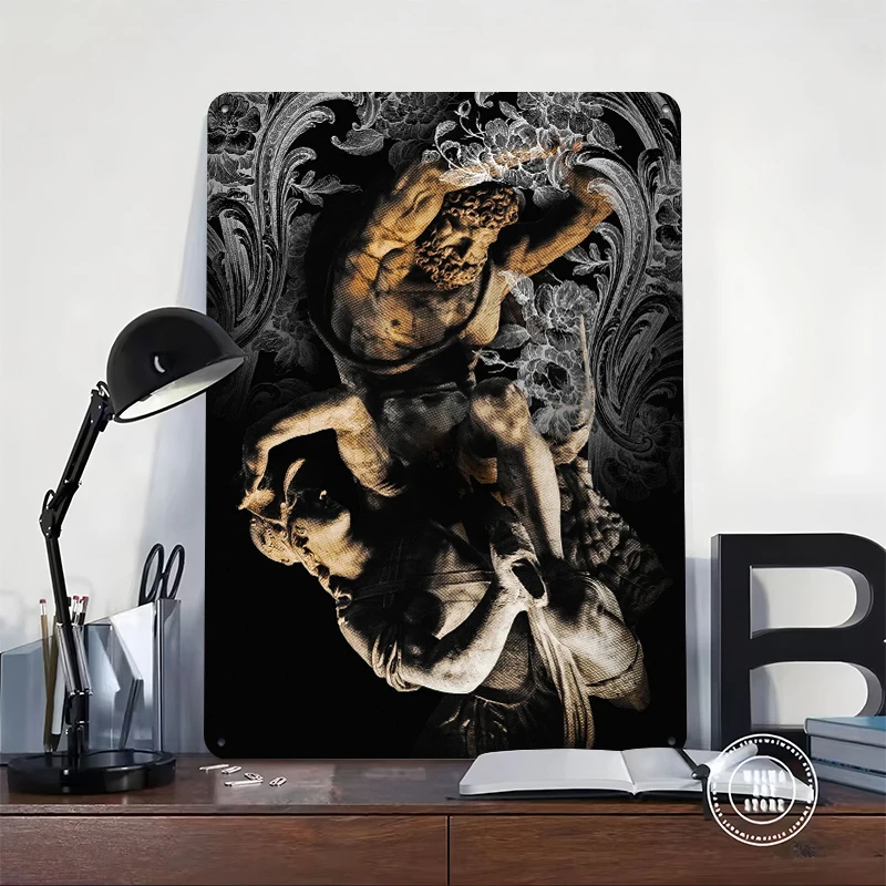 Mythological Sculpture With Floral Tinplate Poster Customized Wall Art Retro Vintage Metal Signs for Fans Office Decor Room Home