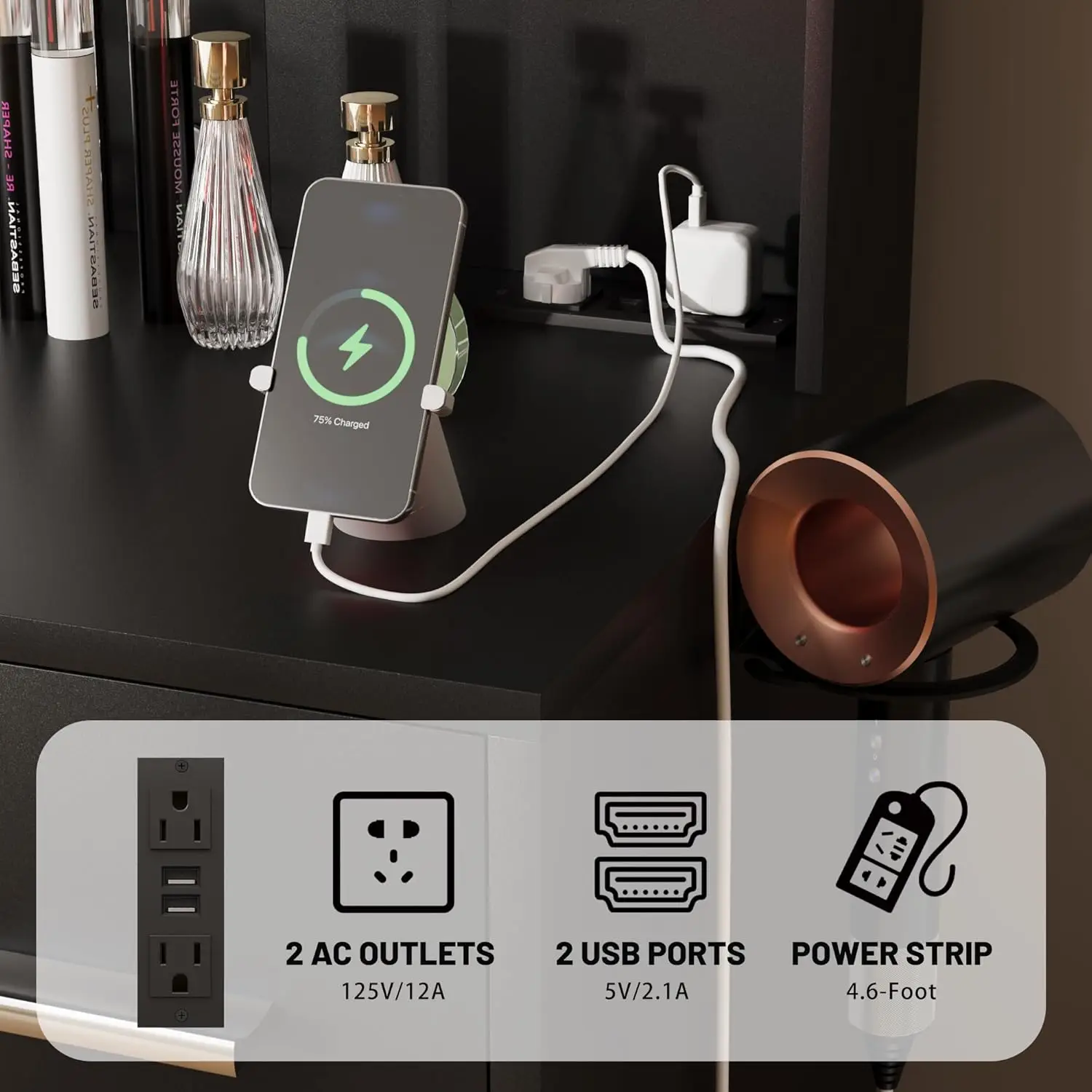 مكتب زينة مع مرآة وأضواء LED وطاولة مكياج بمنفذ طاقة مع 7 أدراج و6 أرفف تخزين