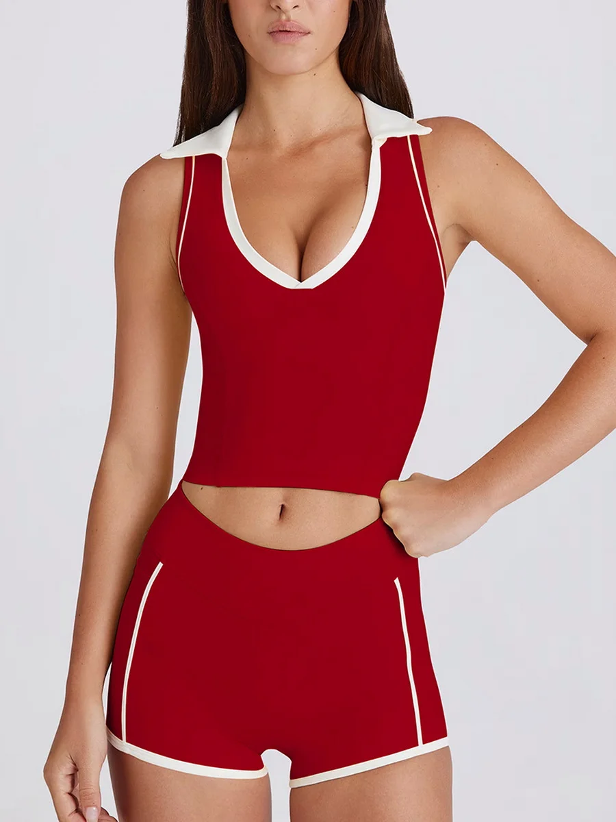 Wholesale Women's Yoga Pilates Fitness Suits  V-neck Tank Top Bra with Chest Mat Running Shorts Set
