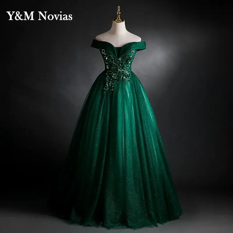 Y & M-Vestido De baile De quinceañera verde, Vestido De fiesta con hombros descubiertos, dulce, 16, encaje, lentejuelas, Vintage, talla grande