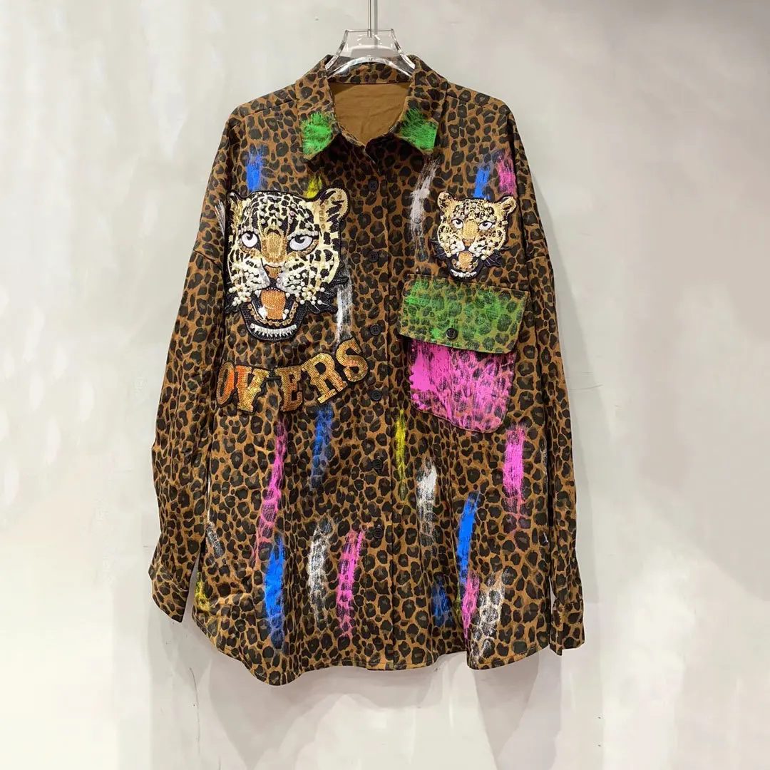 

Streetwear Fashion Leopard Denim Shirts 2025 New Autumn Loose Mid-long Cardigans Coat Graffiti Beads Long Sleeve Women Blouses