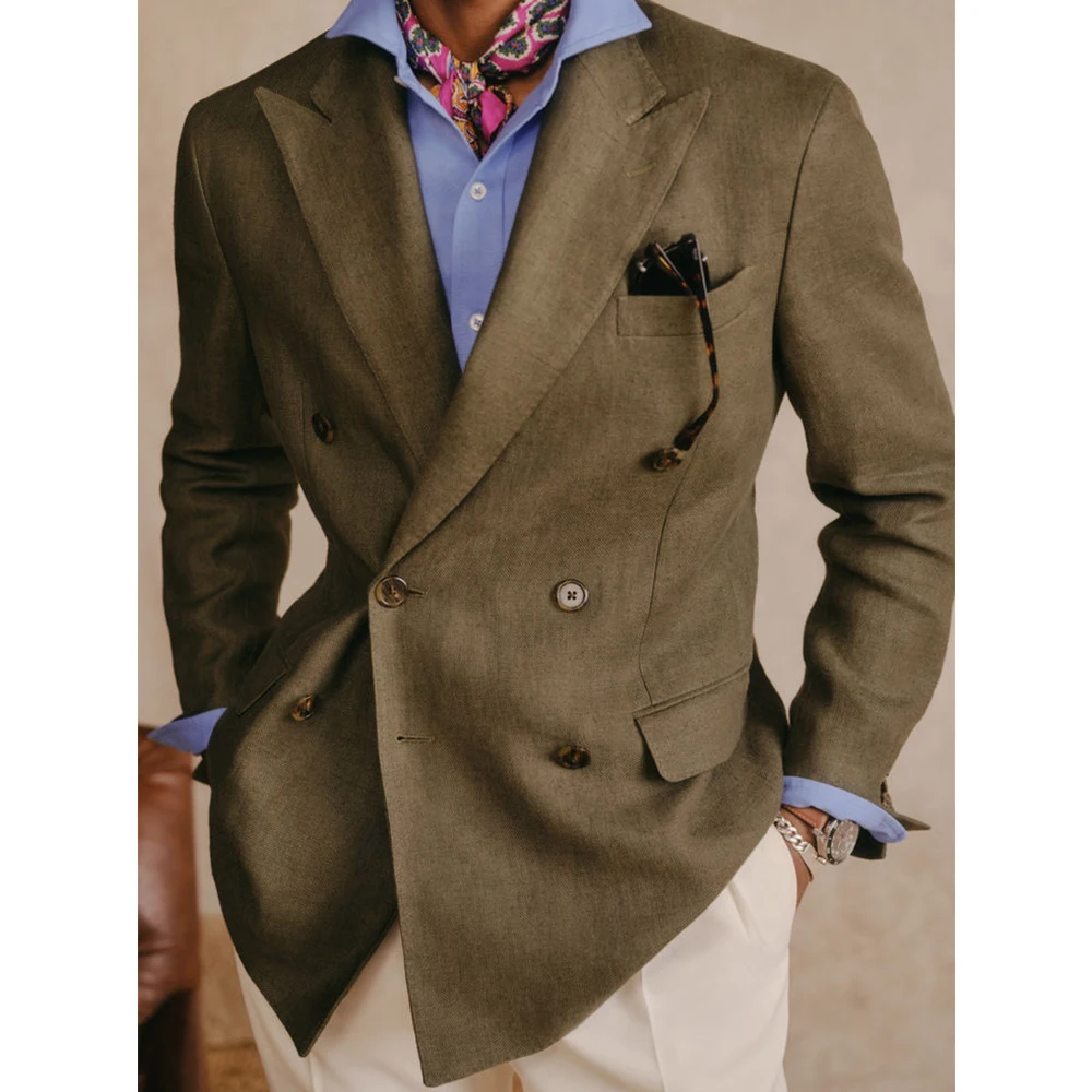 

Men's Linen Cotton Blazer Double Breasted Slim Fit Casual Elegant Jacket Business Suit Coat Fashion Comfortable Formal Menswear