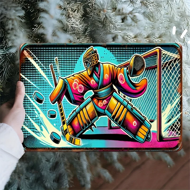 Ice Hockey Metal Wall Art Sign - Vibrant Retro Sports Decor with Dynamic Player Design, Durable Iron Signage for Man Cave, Ga