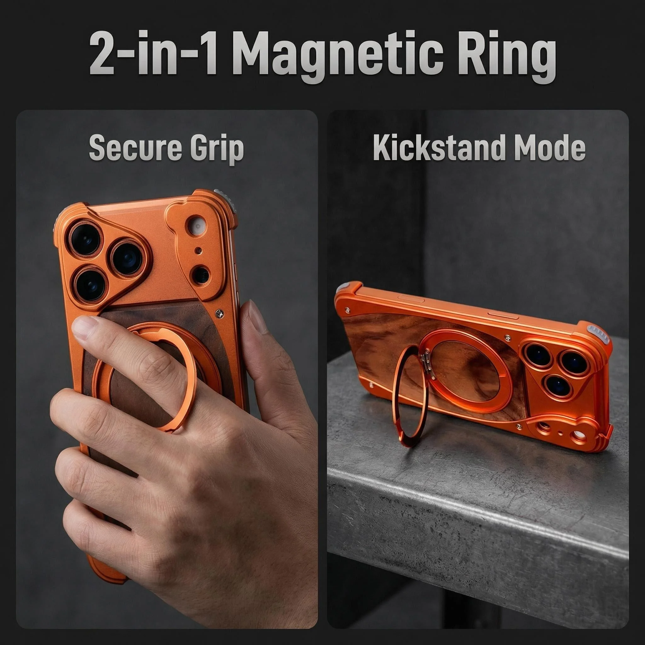 Luxury Metal Frame Walnut Wood Frameless Phone Case For iPhone 18 17 16 15 14 Pro Max Magsafe Magnetic Rotating Bracket Cover